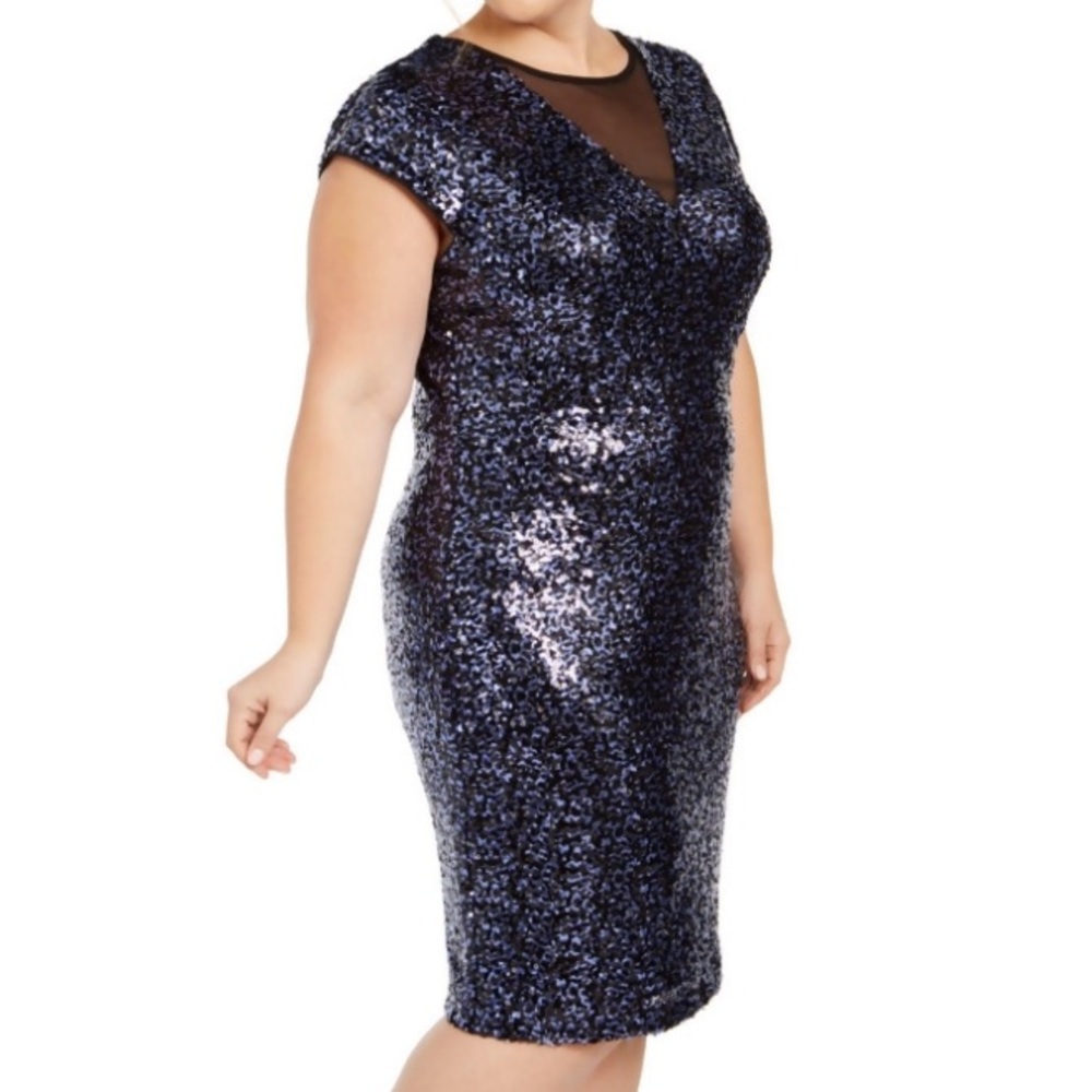 Teeze Me Sequin Cocktail Dress Mesh V Neck
